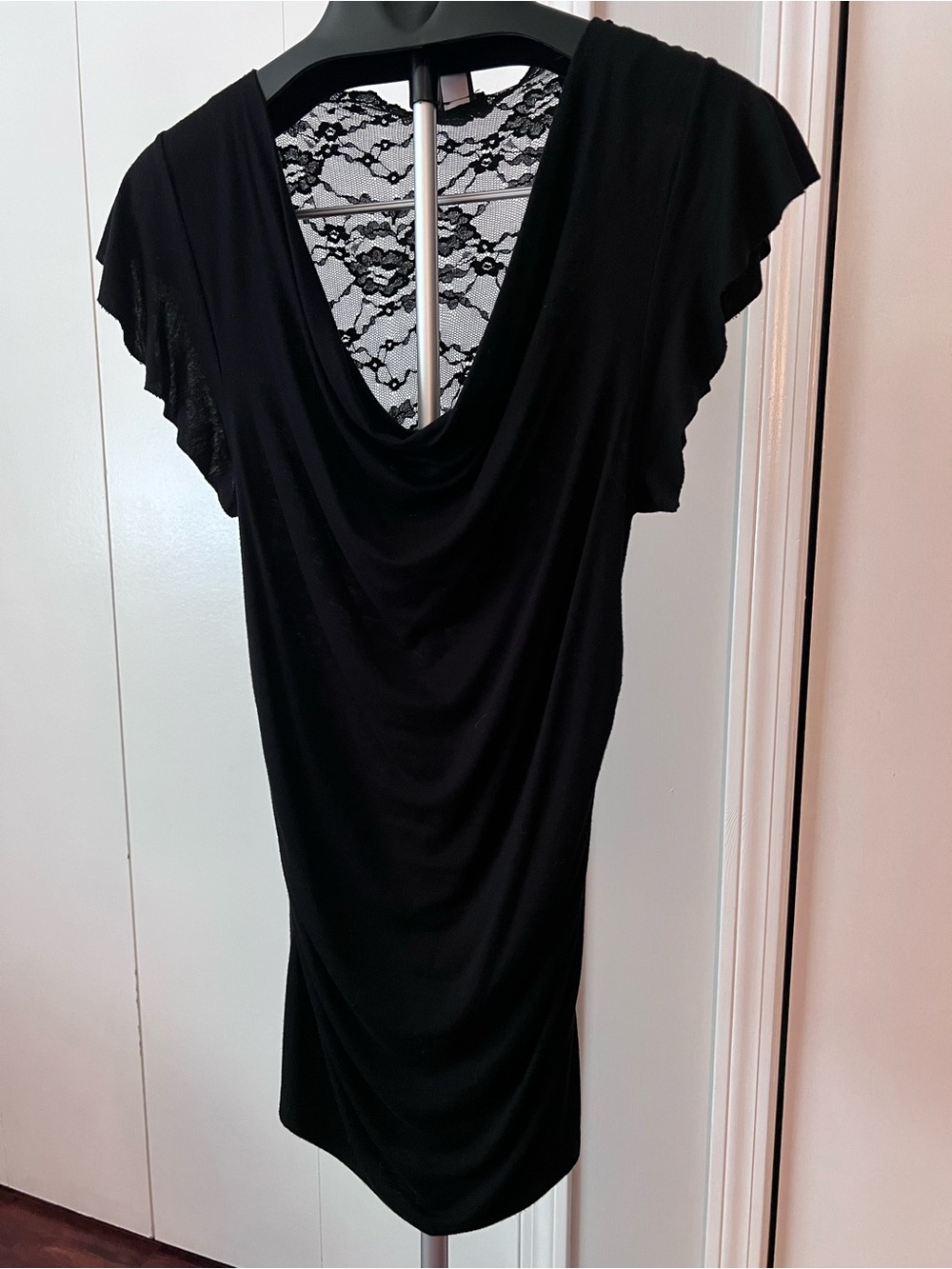 MODA International Black Lace Back Drape Neck Dress